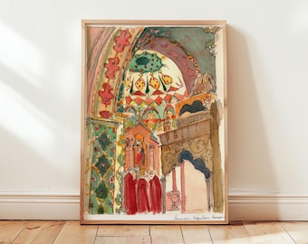 Puede incluir: Pintura a la acuarela de un interior de iglesia ornamentado con techos abovedados y elementos arquitectónicos detallados. La obra de arte presenta una paleta de rojos, verdes y dorados, con figuras con túnicas rojas. La pintura está enmarcada en un marco de madera clara.