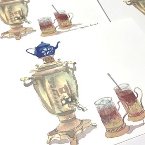Samovar peinture-art russe-dessin russe-aquarelle russe-Cadeau thé-Dessin Arménie-Grande carte avec enveloppe 15 x 21 cm