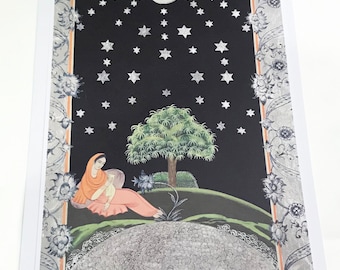 Indo Persian miniature inspired painting/miniature painting/ postcard and envelope/The Stars night/landscape painting