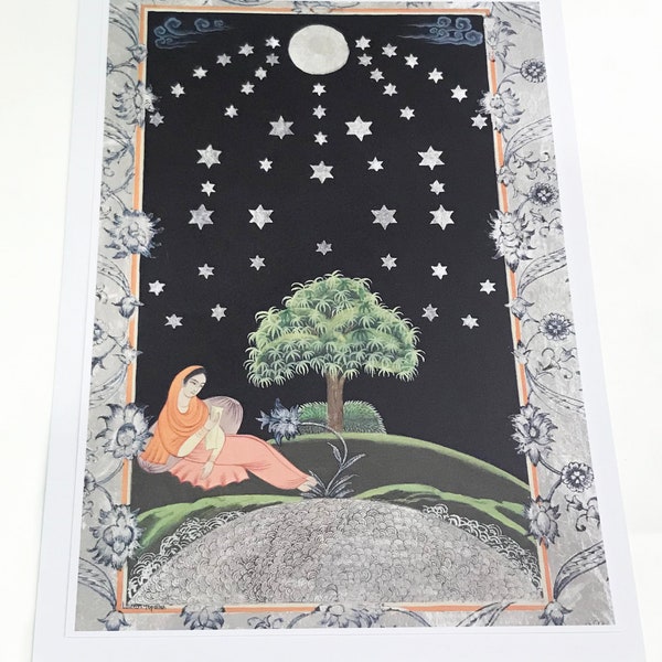 miniature indo persane contemporaine-peinture indienne-La Nuit des Etoiles-Carte postale et enveloppe-peinture paysage