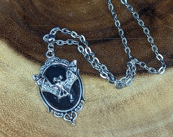 Silver Tone Bat Necklace: Witchy Black Cabochon Pendant, 18" Chain