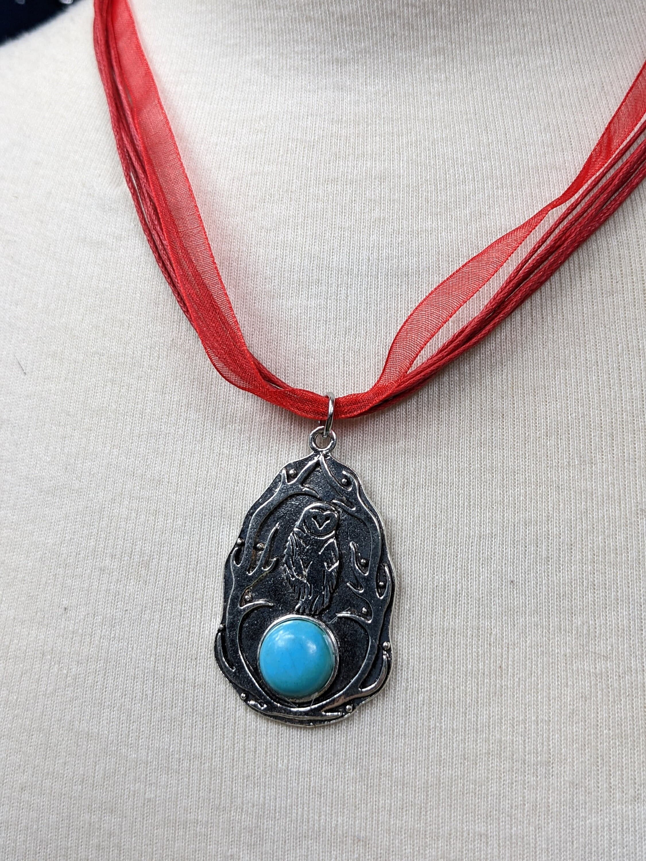 Owl Medallion Pendant: Faux Turquoise, Layered Cord Necklace