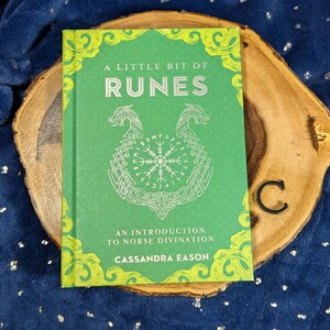 May include: A green book titled "A Little Bit of Runes" with white lettering and illustrations, including a Viking symbol. The book is on a wooden slice with a dark blue background.