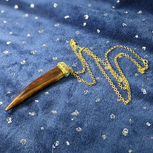 May include: A gold chain necklace with a dark brown wooden pendant shaped like a pointed tooth. The pendant has a gold band around the top.