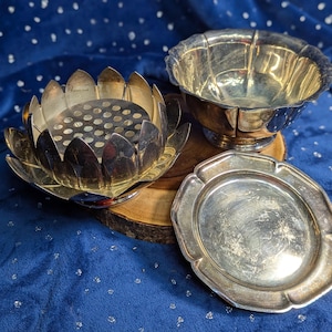 Vintage Silverplate Bowls: Lotus Flower Frog, Ritual Offering Dishes
