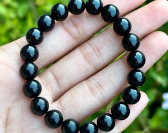 Black Tourmaline Beaded Bracelet: 8MM Gemstone, Evil Eye Protection