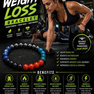 May include: Weight loss bracelet with natural stones in blue, black, and red. The image shows a woman working out with dumbbells. Text on the image includes "Weight Loss Bracelet", "Benefits", and "Wear Daily, Stay Focused, Stay Fit".