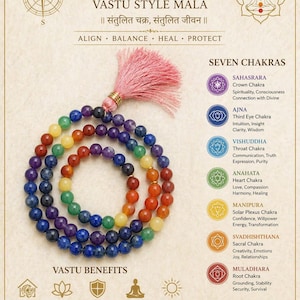 Puede incluir: Un collar mala colorido con cuentas que representan los siete chakras, rematado con una borla rosa. La imagen incluye texto sobre los chakras, sus beneficios y la frase "Seven Chakra".