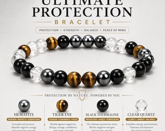 Op de afbeelding: Een armband met kralen, waaronder heldere, zwarte, bruine en zilverkleurige kralen. De tekst op de afbeelding luidt "Natural Ultimate Protection Bracelet". De afbeelding beschrijft ook de eigenschappen van Hematiet, Tijgeroog, Zwarte Toermalijn en Helder Kwarts.