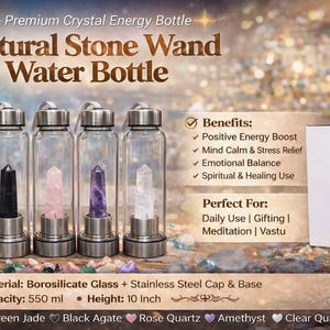 Botella de agua con elixir de cristal natural - 500 ml, infusor de gemas de vidrio de borosilicato, amatista y cuarzo rosa, regalo de bienestar