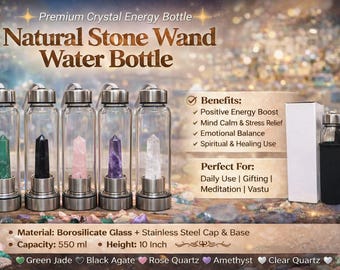 May include: Glass water bottles with stainless steel lids and bases, each containing a natural crystal wand. The bottles are labelled "Natural Stone Wand Water Bottle" and are 25.4 cm tall. Crystals include green jade, black agate, rose quartz, amethyst, and clear quartz.