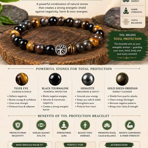 May include: TOL Protection Bracelet featuring a combination of natural stones. The bracelet includes tiger eye, black tourmaline, hematite, and gold sheen obsidian. It is designed to create an energetic shield against negativity and promote inner strength.