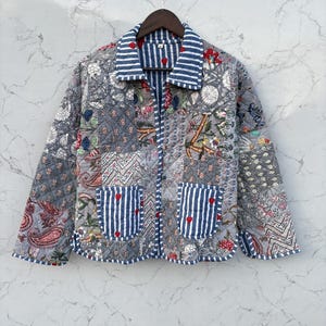 Handmade Indian Quilted Patchwork Cotton Jacket, Boho Floral Kantha Style Coat