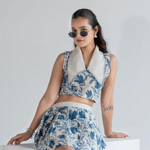 mini skirt top set | Cotton Co-ord Set for Women | Floral Crop Top & Skirt | Blue White Summer Brunch Outfit | Handprinted 2-Piece Set