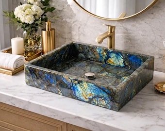 Labradorite Vessel Sink – Natural Stone Bathroom Basin – Blue Iridescent Vanity Washbasin – Luxury Countertop Sink