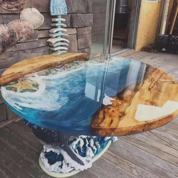 Handmade Ocean Wave Epoxy Resin Table, Coastal Decor, Walnut Coffee Tabletop