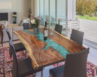 Live Edge Epoxy River Dining Table, Handmade Resin Wood Tabletop, Modern Dining Room Furniture