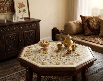 Mother of Pearl Inlay Table: Luxury Floral Coffee/Dining Table Handmade Accent Centerpieces