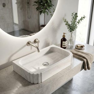 Hand-Carved White Marble Vessel Sink – Rustic Luxury Bathroom Vanity Basin – Minimalist Bathroom Decor