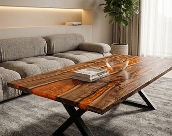 Orange Resin River Coffee Table, Live Edge Wood Tabletop, Modern Rustic Centerpiece, Dining Tabletop
