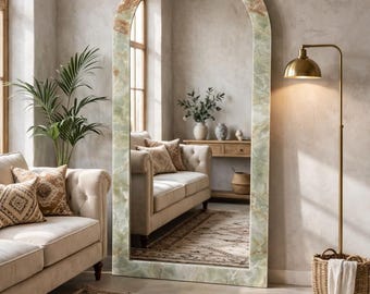 Green Onyx Arched Floor Mirror, Luxury Statement Home Decor, Handcrafted Gemstone Mirror