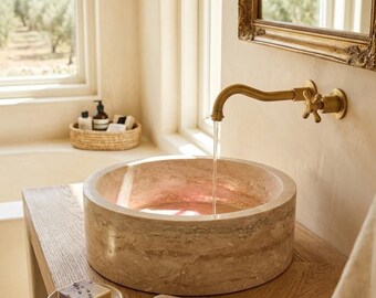 Luxury Travertine Vessel Sink, Handmade Stone Bathroom Basin, Natural Countertop Vanity Sink