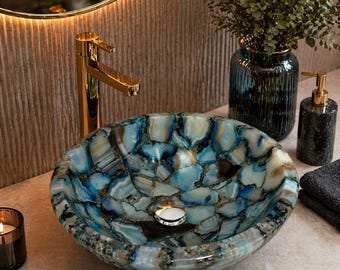 Handmade Blue Agate Vessel Sink, Natural Gemstone Washbasin, Luxury Vanity Sink For Spa & Bathroom