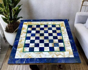 Handmade Lapis Lazuli & Mother of Pearl Chess | Marble Inlay Board Game, Indoor, Patio Game