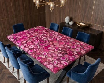 Pink Agate Dining Table: Luxury Gemstone Tabletop, Custom Stone Dining Furniture