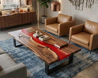 Live Edge Wood & Epoxy Coffee Table, Custom River Dining Table Modern Handmade Centerpiece Furniture