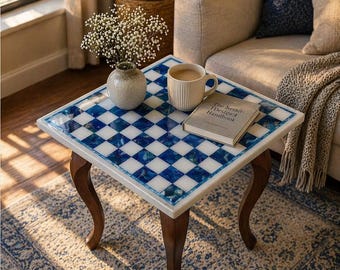 Handmade Blue Agate Chess Tabletop, Stone Game Furniture, Luxury Chess Board, Marble Inlay Table