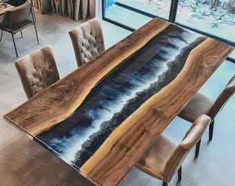 Handmade Live Edge Epoxy River Dining Table, Wood and Resin