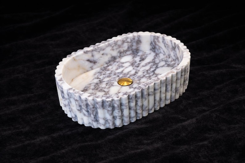Lavabo de mármol Calacatta Viola hecho a mano / Lavabo de baño acanalado / Lavabo de encimera imagen 2
