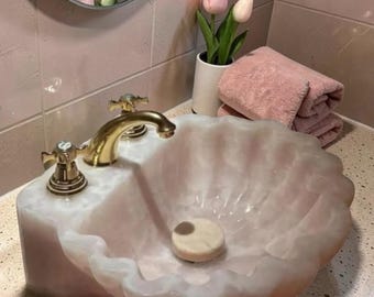 Hand Carved Rose Quartz Vessel Sink, Natural Stone Bathroom Basin, Pink Quartz Shell Sink, Luxury Stone Vanity Basin, Crystal Sink