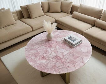 Handmade Pink Rose Quartz Coffee Table Top | Luxury Stone Center Table