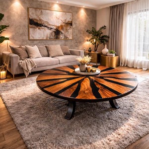 May include: A round wooden coffee table with a unique design, featuring a dark wood grain pattern and black resin accents. The table sits on a dark metal base and is placed on a plush, light-colored rug. The room is decorated in neutral tones.