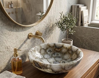 Handmade Agate Stone Vessel Sink | Natural Grey Gemstone Bathroom Basin | Luxury Marble Vanity Sink
