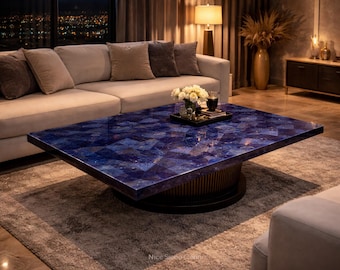 Lapis Lazuli Coffee Table Top, Luxury Blue Gemstone Dining Tabletop, Handmade Semi-Precious Stone Furniture, Custom Marble Inlay Table