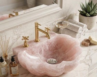 Hand-Carved Rose Quartz Vessel Sink, Natural Pink Onyx Bathroom Basin, Spa Decor Wash Basin