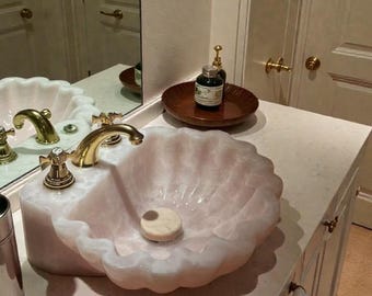 Lavabo de cuarzo rosa tallado a mano / Tocador de baño de lujo