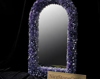 Amethyst Crystal Arch Mirror – Raw Purple Gemstone Frame Wall Mirror – Healing Geode Vanity Decor