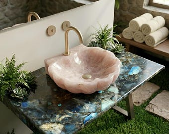 Luxury Rose Quartz Shell Vessel Sink, Hand-Carved Pink Onyx Stone Basin, Quartz Countertop Decor