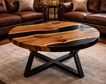 Luxury Epoxy & Wood Round Coffee Tabletop | Modern Designer Center Table | Elegant Living Room Furniture
