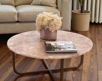 手作りのピンクオニキスコーヒーテーブル、インレイ大理石リビング