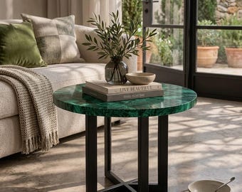 Malachite Coffee Table, Round Stone Side Table, Gemstone Accent Centerpiece, Handmade Living Room Furniture