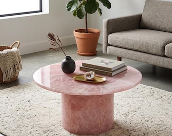 Rose Quartz Round Coffee Table, Pink Marble Stone Center Table, Modern Minimalist Living Room