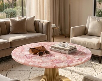 Round Rose Quartz Coffee Table Top - Natural Stone Sofa & End Table for Living Room