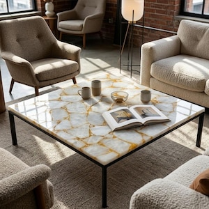 Handmade White Quartz Coffee Tabletop, Square Agate Stone, Golden Particles, Luxury Living Room Table