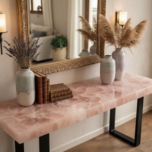 Handmade Rose Quartz Console Table | Luxury Stone Entryway Furniture |  Natural Pink Onyx Hallway Table