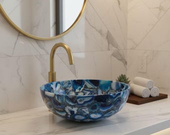 Lavabo de ágata azul / Lavabo de baño de piedras preciosas / Lavabo de tocador de piedra hecho a mano / Lavabo de diseño personalizado